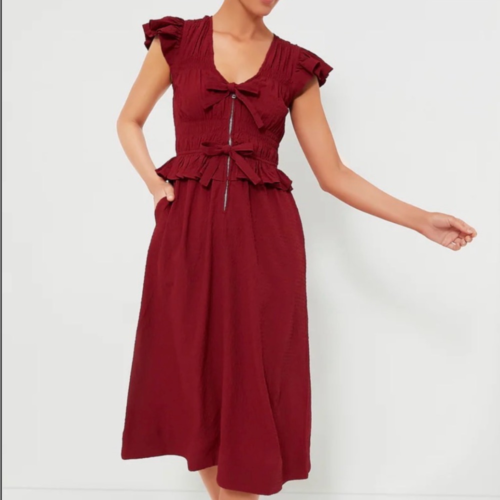 Sea Regina Seersucker Flutter Sleeve Red Dress